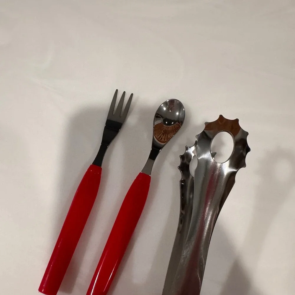Vintage Red Handle Hors d'oeuvres Stainless Serving Set (Fork Spoon Tongs)